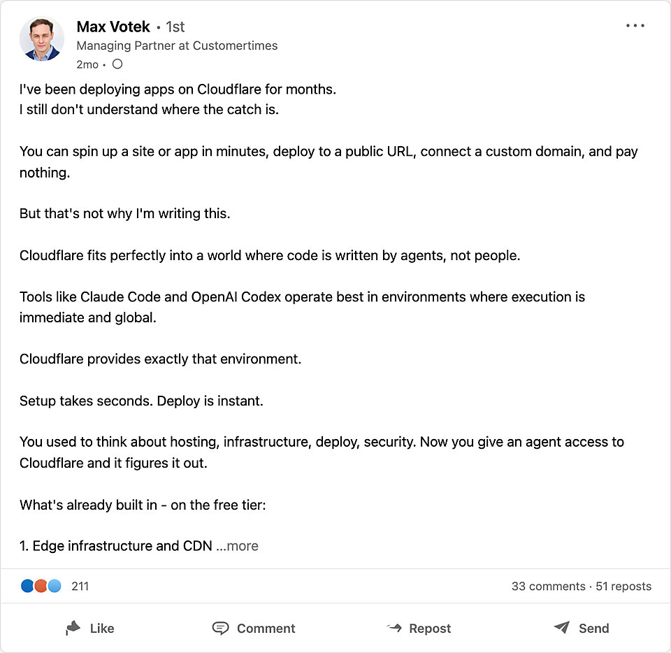 LinkedIn post by Max Votek on Cloudflare, 211 reactions