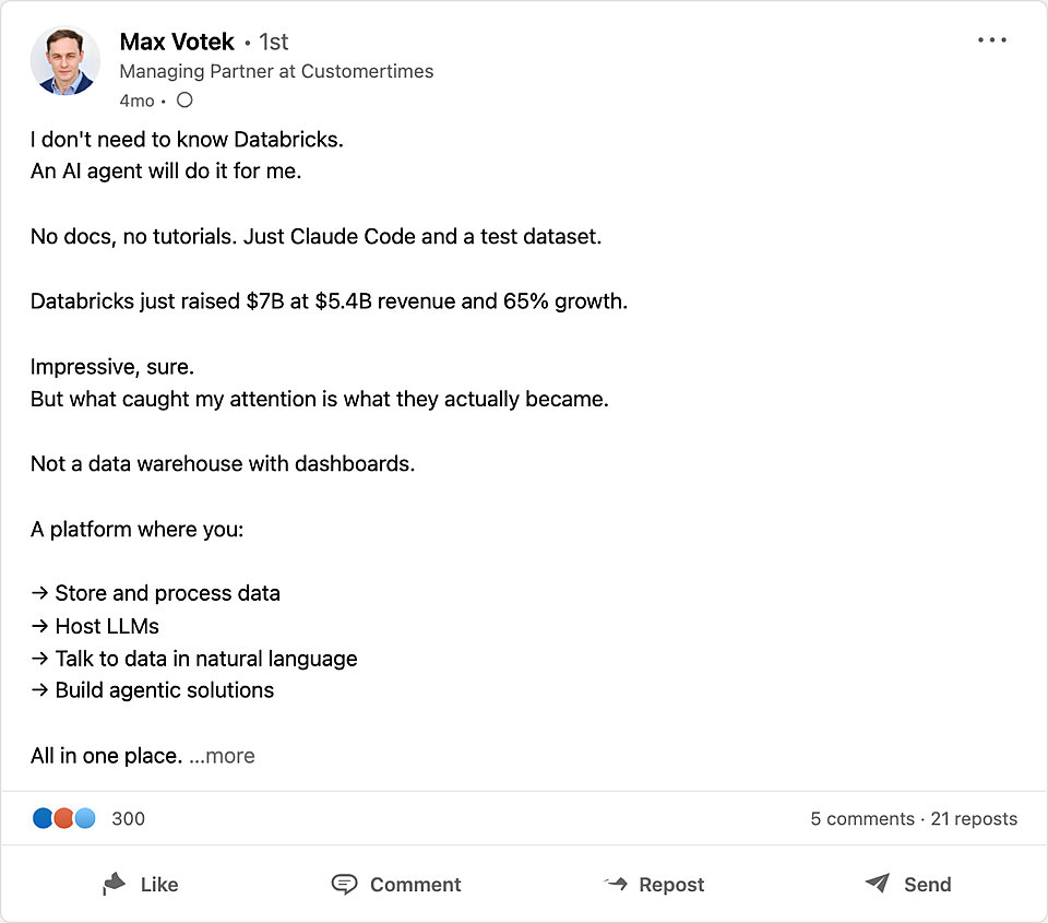 LinkedIn post by Max Votek on Databricks, 300 reactions