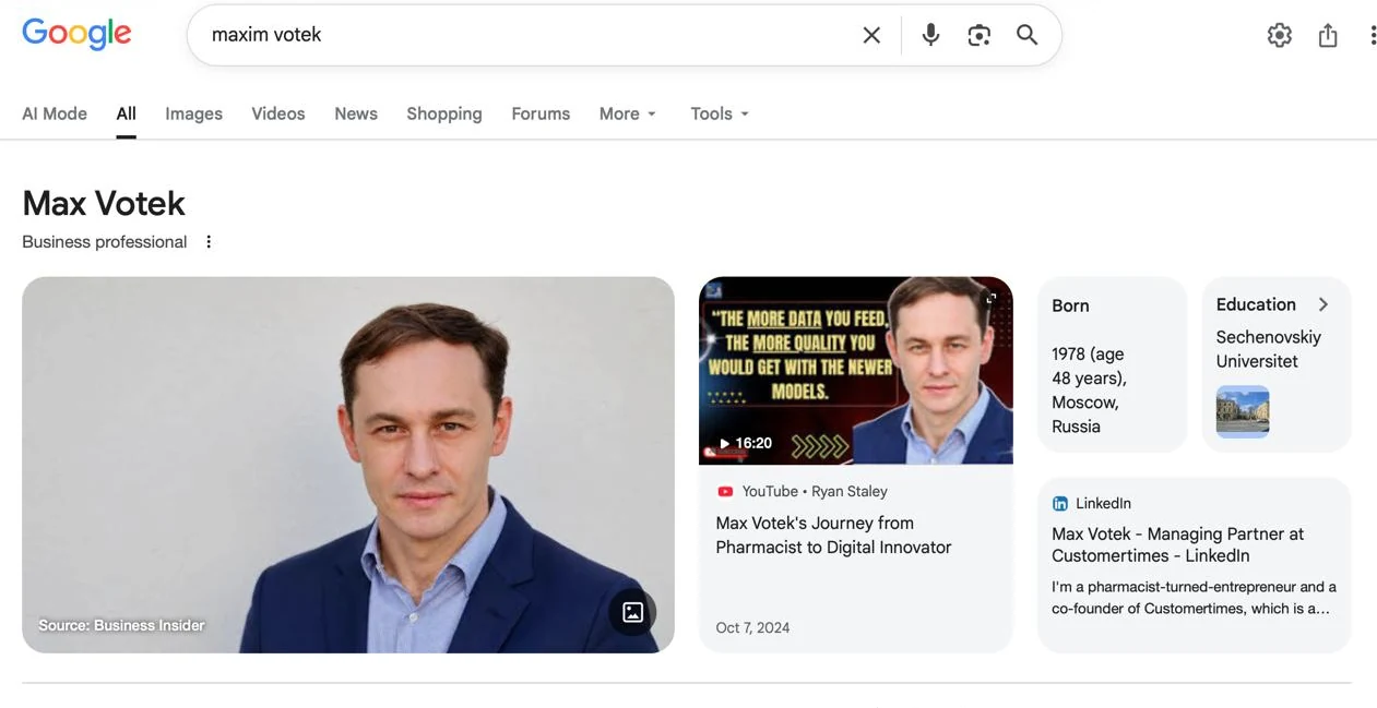 Google knowledge panel for Max Votek, Managing Partner at Customertimes