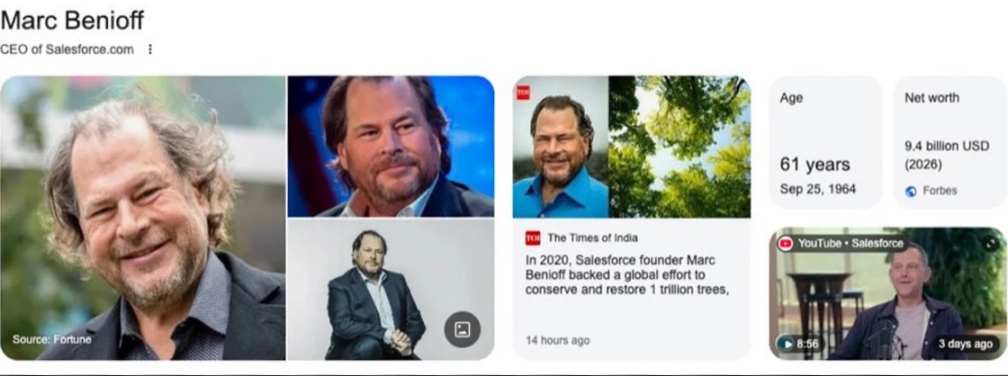 A curated Google knowledge panel for Marc Benioff, CEO of Salesforce - photos, age, net worth and press