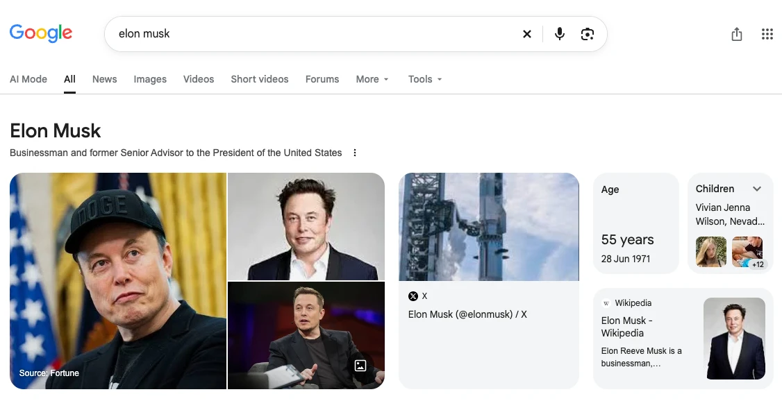 A curated Google knowledge panel for Elon Musk - photos, age, children, X and Wikipedia