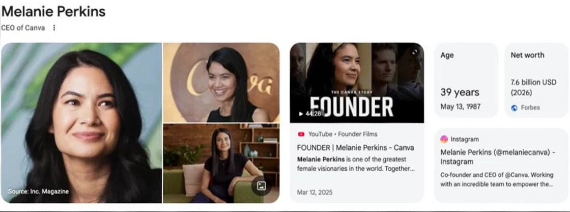 A curated Google knowledge panel for Melanie Perkins, CEO of Canva - photos, age, net worth and profiles