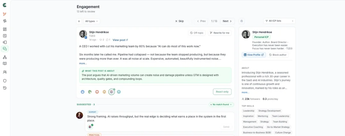 Co.Actor engagement queue - an ICP post with a comment drafted in your voice