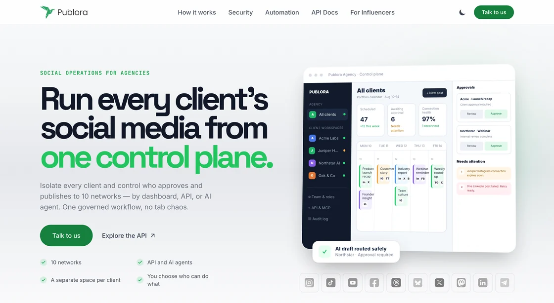 Publora for agencies - one control plane with client workspaces, the portfolio calendar and the approval queue